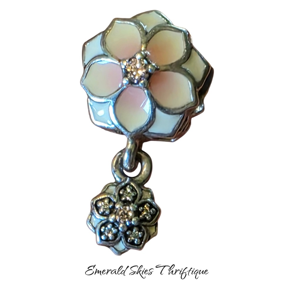 PANDORA Silver Magnolia Bloom Enamel CZ Dangle Charm free shipping